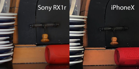 imagens comparativas feitas pela câmera SonyRx1r e pelo iPhoneX (quadro de detalhe)