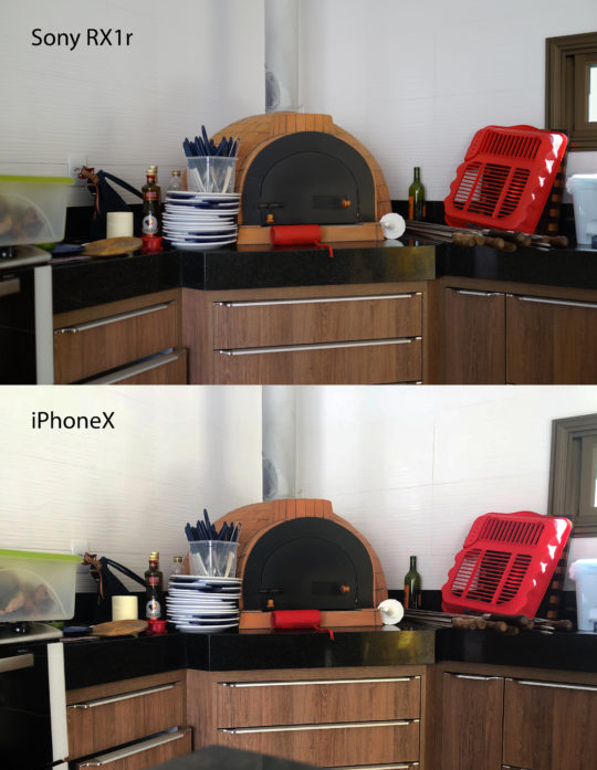 imagens comparativas feitas pela câmera SonyRx1r e pelo iPhoneX (quadro inteiro)